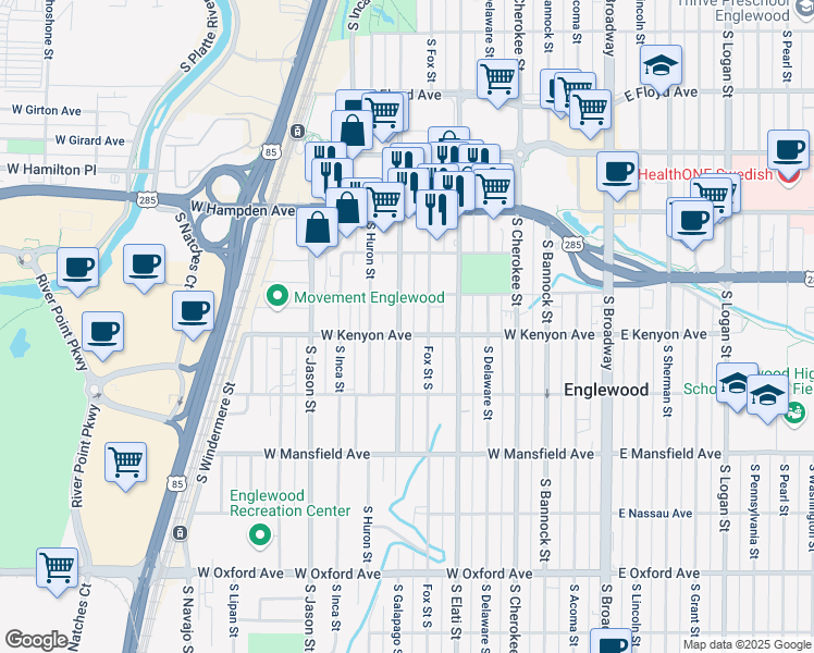 map of restaurants, bars, coffee shops, grocery stores, and more near 3680 South Galapago Street in Englewood
