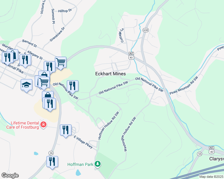 map of restaurants, bars, coffee shops, grocery stores, and more near 17100 Old National Pike Southwest in Frostburg