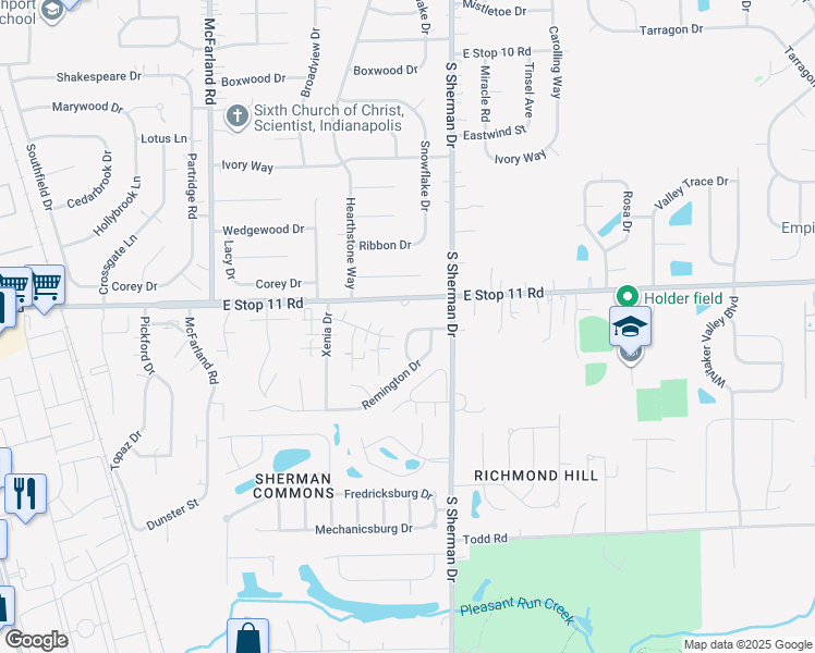 map of restaurants, bars, coffee shops, grocery stores, and more near 8030 Winchester Place in Indianapolis