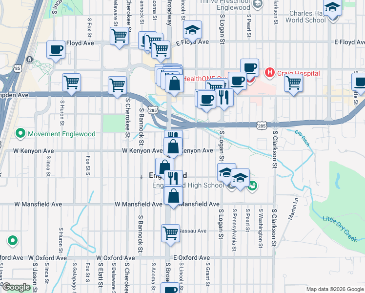 map of restaurants, bars, coffee shops, grocery stores, and more near 3687 South Lincoln Street in Englewood