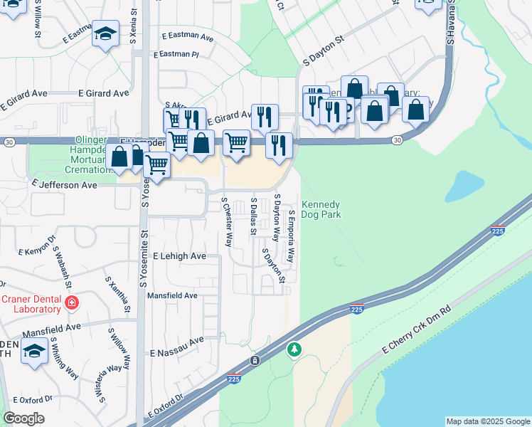 map of restaurants, bars, coffee shops, grocery stores, and more near 3729 South Dayton Way in Aurora