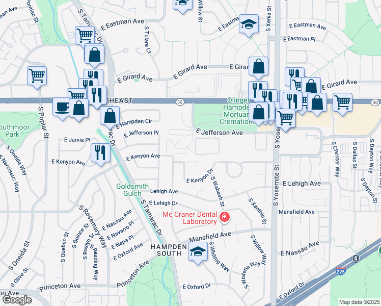 map of restaurants, bars, coffee shops, grocery stores, and more near 8299 East Kenyon Avenue in Denver