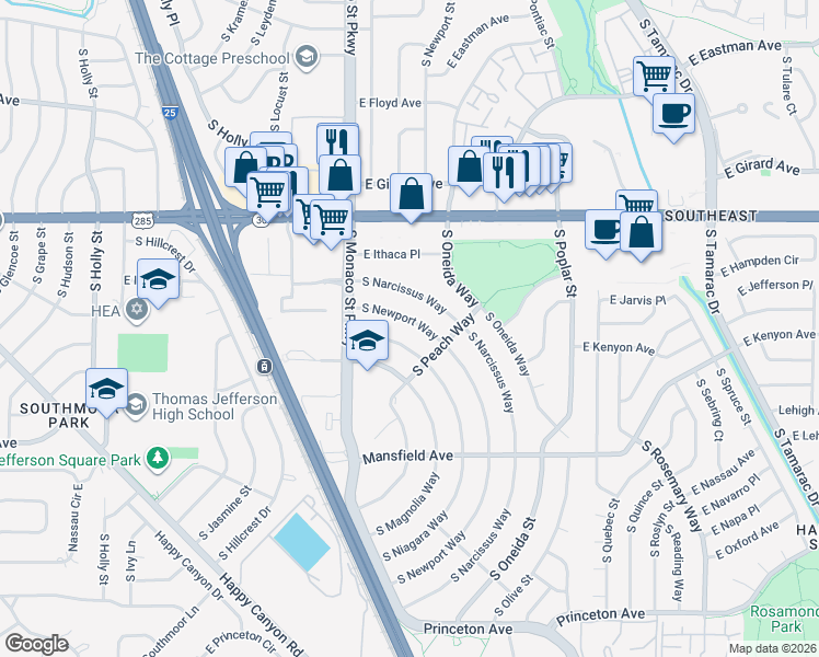map of restaurants, bars, coffee shops, grocery stores, and more near 3675 South Newport Way in Denver