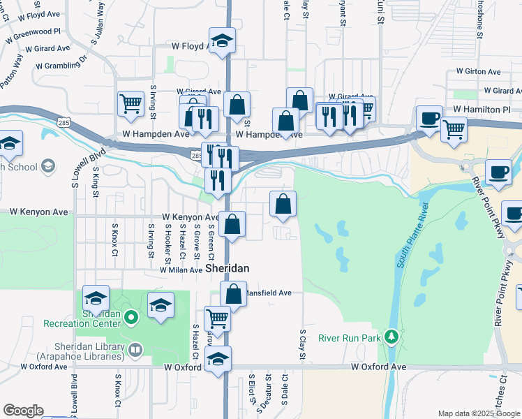 map of restaurants, bars, coffee shops, grocery stores, and more near 171 South Federal Boulevard in Sheridan