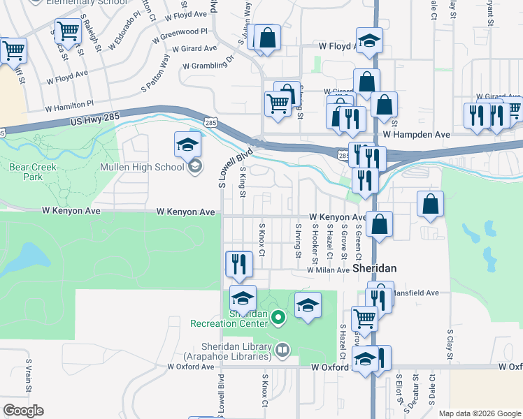 map of restaurants, bars, coffee shops, grocery stores, and more near 3665 South Julian Street in Denver