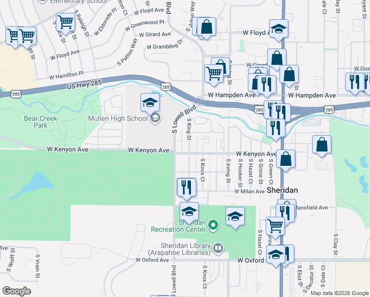 map of restaurants, bars, coffee shops, grocery stores, and more near 3670 South King Street in Denver