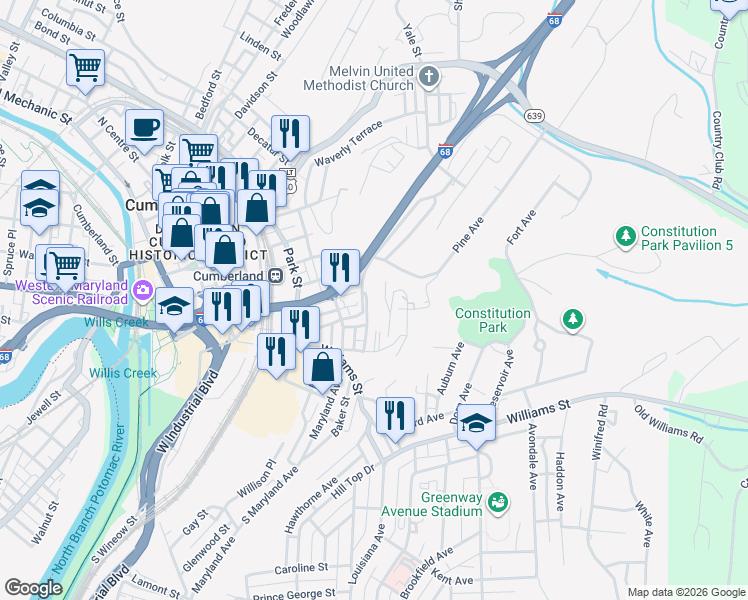 map of restaurants, bars, coffee shops, grocery stores, and more near 336 City View Terrace in Cumberland