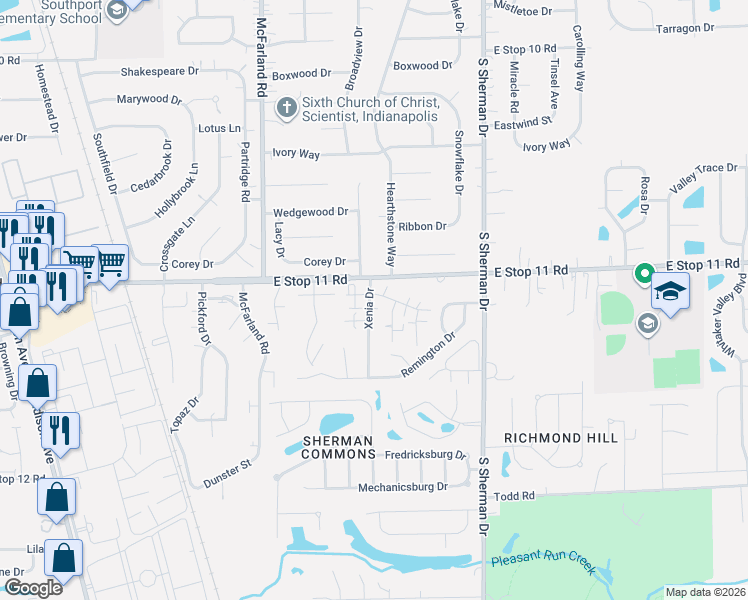 map of restaurants, bars, coffee shops, grocery stores, and more near 8005 Xenia Drive in Indianapolis