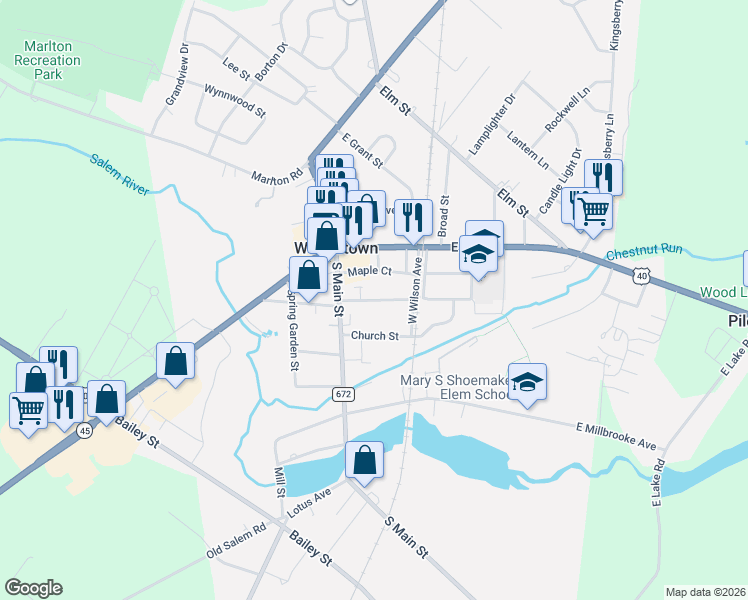 map of restaurants, bars, coffee shops, grocery stores, and more near 18 Dickinson Street in Woodstown