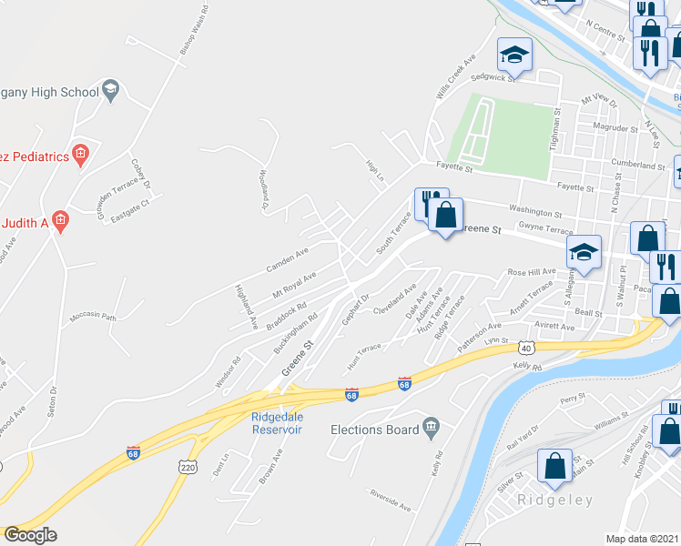 map of restaurants, bars, coffee shops, grocery stores, and more near 817 Fayette Street in Cumberland