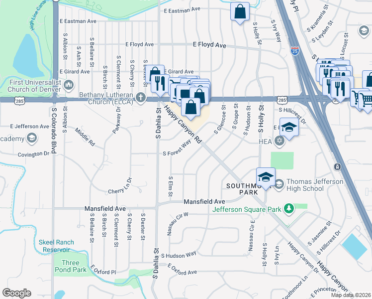 map of restaurants, bars, coffee shops, grocery stores, and more near 3746 South Forest Way in Denver