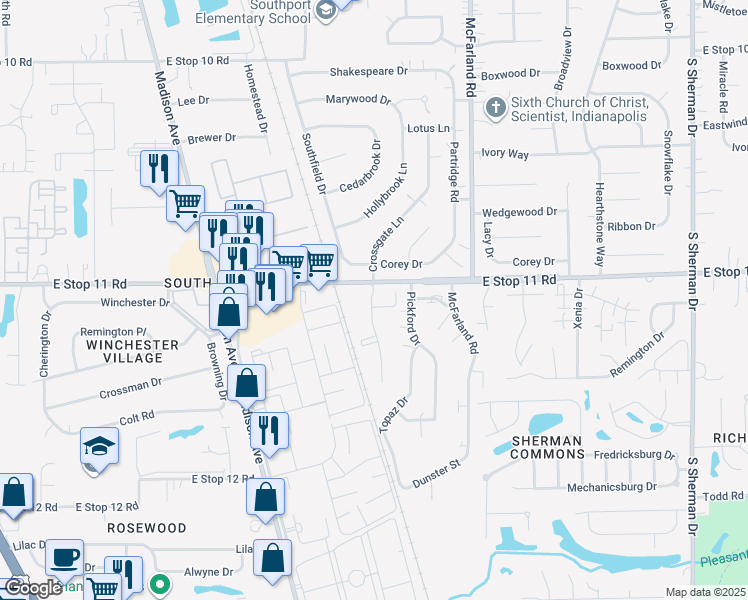 map of restaurants, bars, coffee shops, grocery stores, and more near 8171 Crossing Drive in Indianapolis