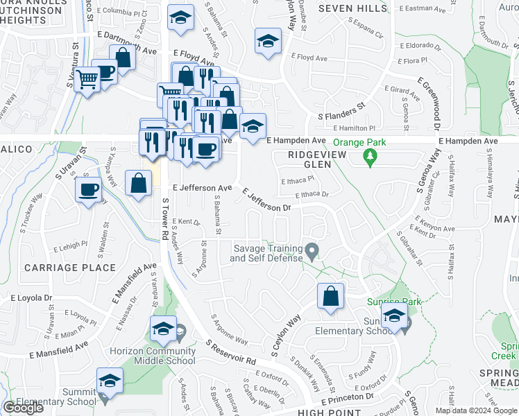 map of restaurants, bars, coffee shops, grocery stores, and more near 18953 East Kent Circle in Aurora
