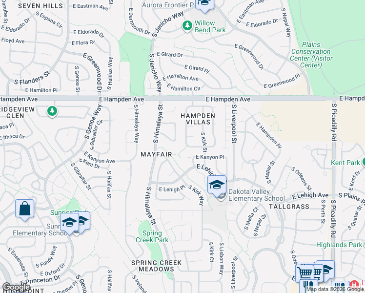 map of restaurants, bars, coffee shops, grocery stores, and more near 3699 South Killarney Street in Aurora