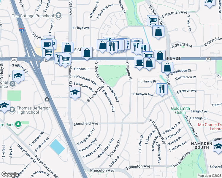 map of restaurants, bars, coffee shops, grocery stores, and more near 6901 East Jarvis Place in Denver