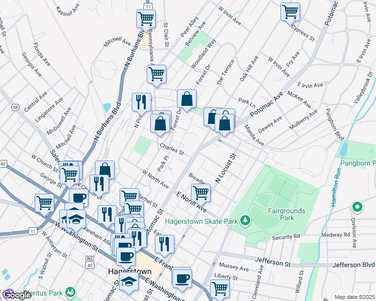 map of restaurants, bars, coffee shops, grocery stores, and more near 603 Oak Hill Avenue in Hagerstown