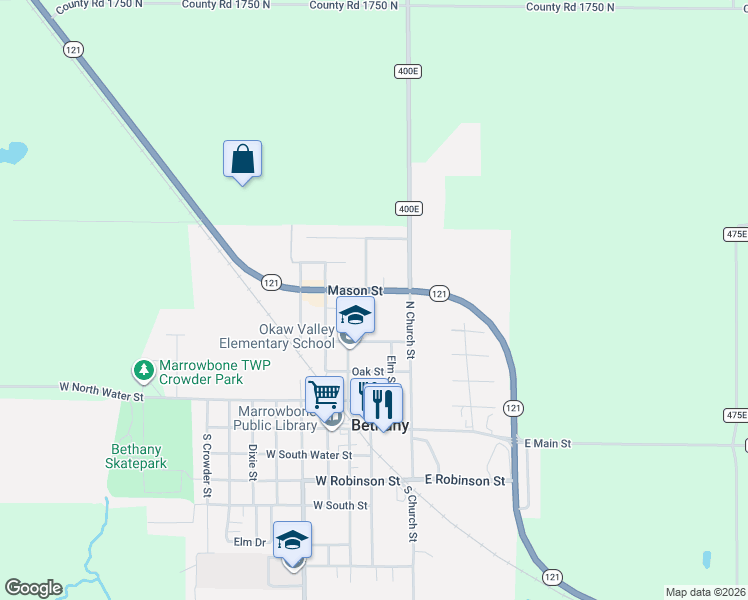 map of restaurants, bars, coffee shops, grocery stores, and more near 393 Illinois 121 in Bethany