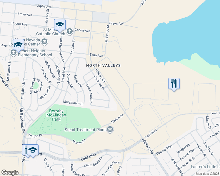 map of restaurants, bars, coffee shops, grocery stores, and more near 10200 Military Road in Reno