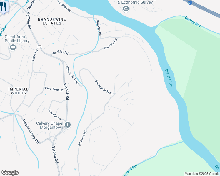 map of restaurants, bars, coffee shops, grocery stores, and more near 5 Iroquois Way in Morgantown