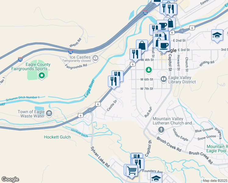 map of restaurants, bars, coffee shops, grocery stores, and more near 714 Grand Avenue in Eagle