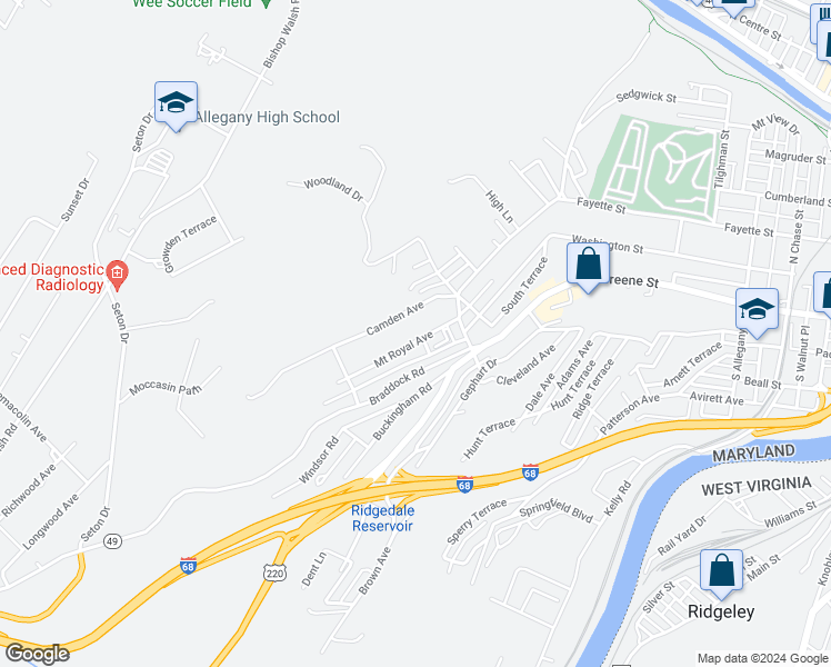 map of restaurants, bars, coffee shops, grocery stores, and more near 827 Mount Royal Avenue in Cumberland