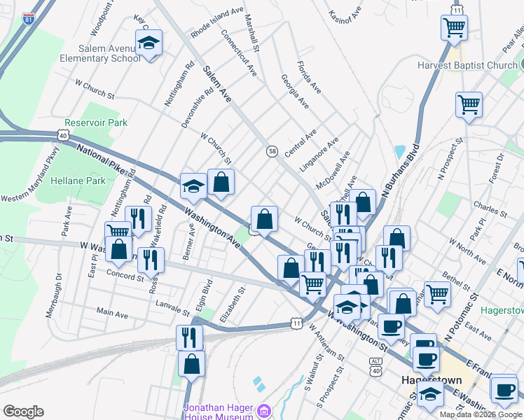map of restaurants, bars, coffee shops, grocery stores, and more near 728 George Street in Hagerstown