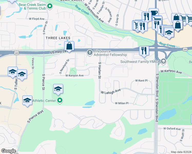 map of restaurants, bars, coffee shops, grocery stores, and more near 3701 South Harlan Street in Denver