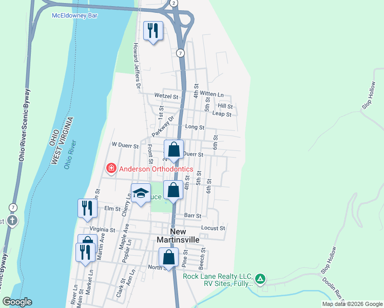 map of restaurants, bars, coffee shops, grocery stores, and more near 752 5th Street in New Martinsville