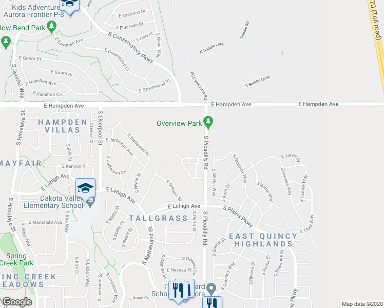 map of restaurants, bars, coffee shops, grocery stores, and more near 3631 South Perth Circle in Aurora