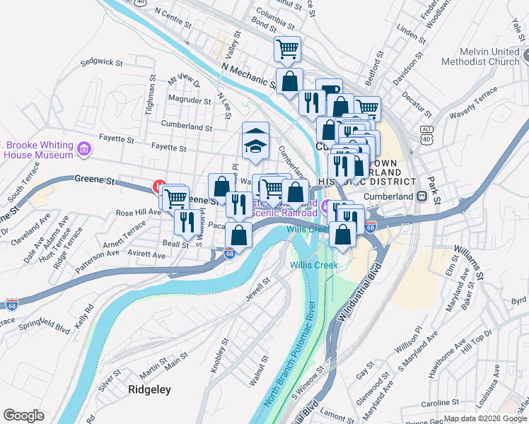 map of restaurants, bars, coffee shops, grocery stores, and more near 110 Greene Street in Cumberland