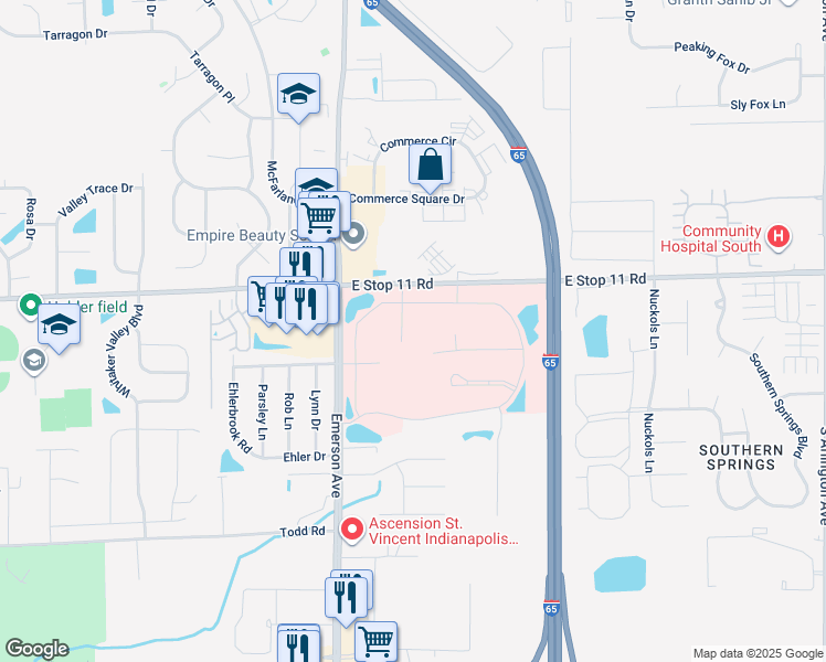 map of restaurants, bars, coffee shops, grocery stores, and more near 8051 South Emerson Avenue in Indianapolis