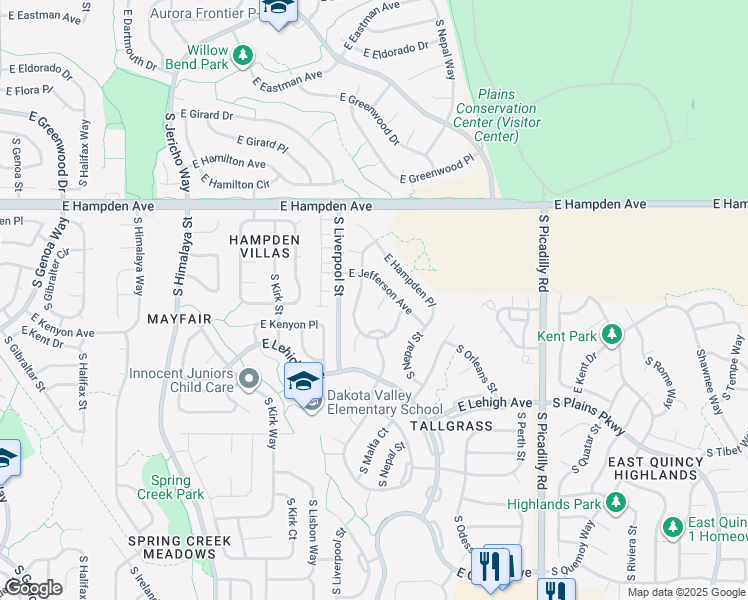map of restaurants, bars, coffee shops, grocery stores, and more near 3656 South Malta Court in Aurora