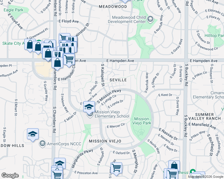 map of restaurants, bars, coffee shops, grocery stores, and more near 3695E South Kittredge Street in Aurora