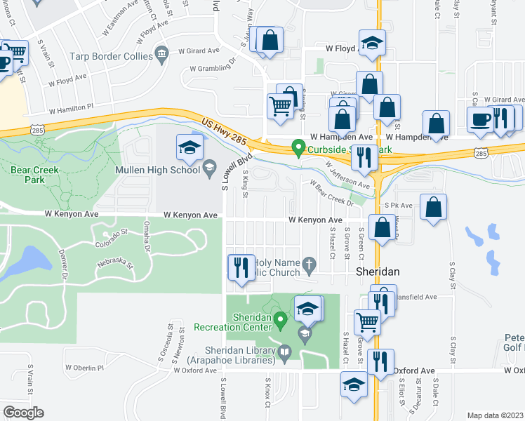 map of restaurants, bars, coffee shops, grocery stores, and more near 3670 South King Street in Denver