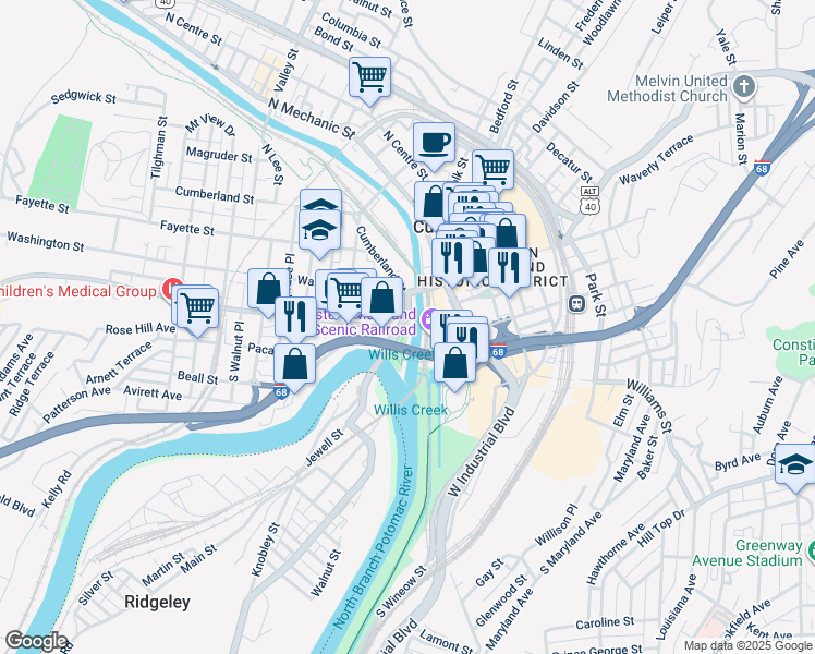 map of restaurants, bars, coffee shops, grocery stores, and more near 38 Greene Street in Cumberland
