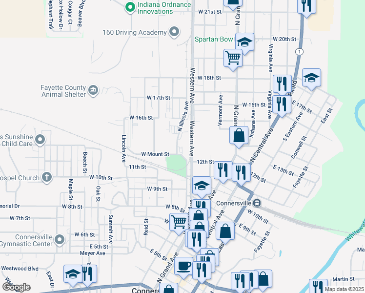 map of restaurants, bars, coffee shops, grocery stores, and more near 1220 North Illinois Avenue in Connersville