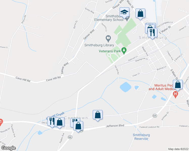 map of restaurants, bars, coffee shops, grocery stores, and more near 212 West Water Street in Smithsburg