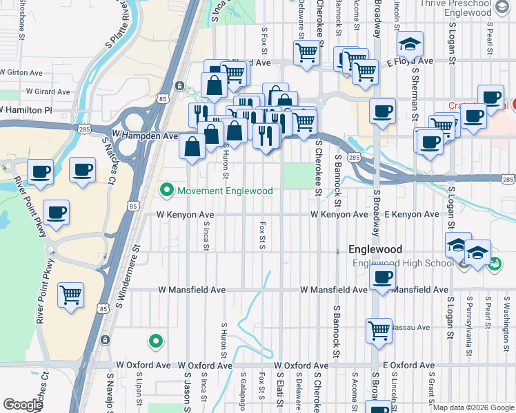 map of restaurants, bars, coffee shops, grocery stores, and more near 3680 South Galapago Street in Englewood