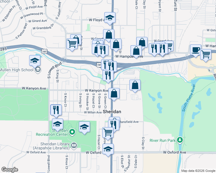 map of restaurants, bars, coffee shops, grocery stores, and more near 3689 South Federal Boulevard in Englewood