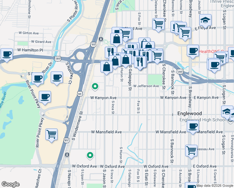 map of restaurants, bars, coffee shops, grocery stores, and more near 3679 South Huron Street in Englewood