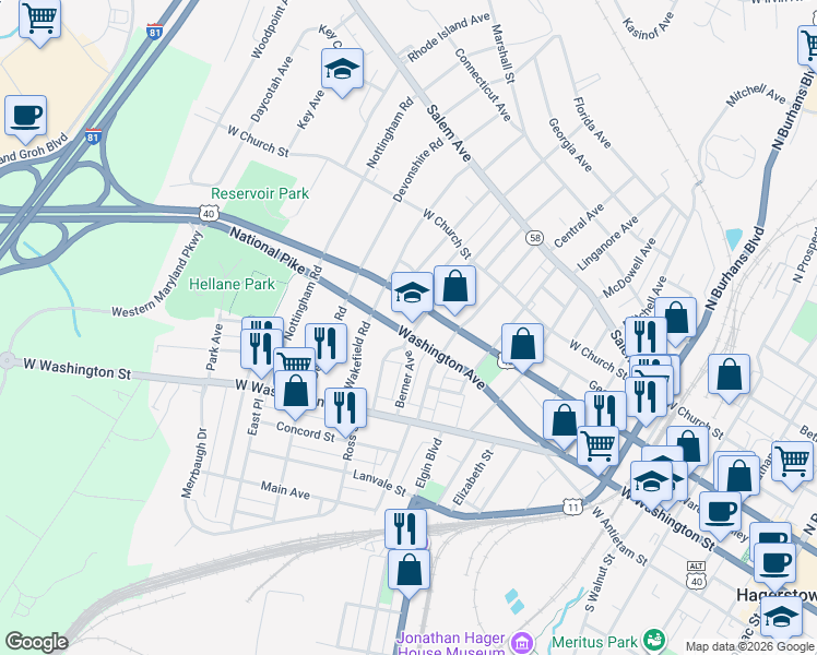 map of restaurants, bars, coffee shops, grocery stores, and more near 105 Bryan Place in Hagerstown
