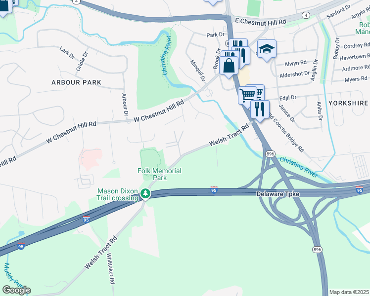 map of restaurants, bars, coffee shops, grocery stores, and more near 76 Welsh Tract Road in Newark