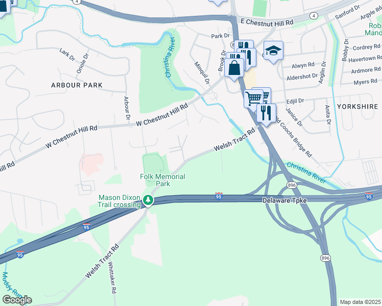 map of restaurants, bars, coffee shops, grocery stores, and more near 64 Welsh Tract Road in Newark