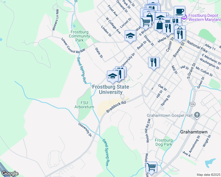 map of restaurants, bars, coffee shops, grocery stores, and more near 101 Braddock Road in Frostburg