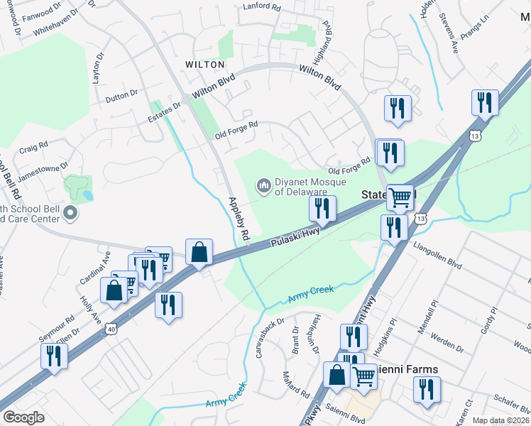 map of restaurants, bars, coffee shops, grocery stores, and more near 259 Appleby Road in New Castle