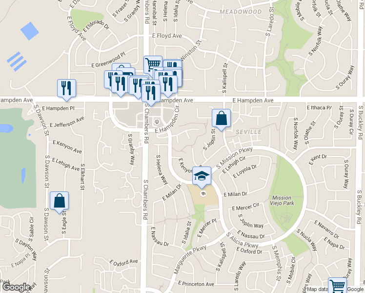 map of restaurants, bars, coffee shops, grocery stores, and more near 3634 South Ivory Court in Aurora