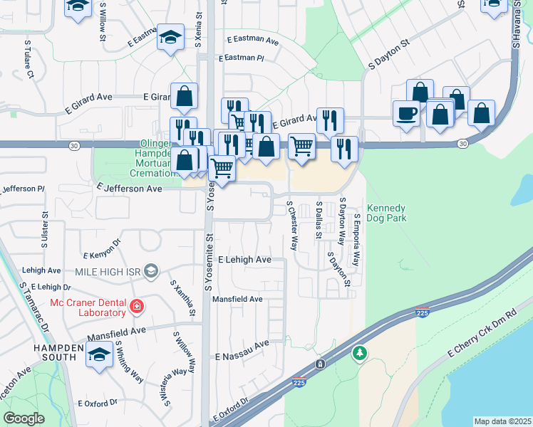 map of restaurants, bars, coffee shops, grocery stores, and more near 9185 East Kenyon Avenue in Denver