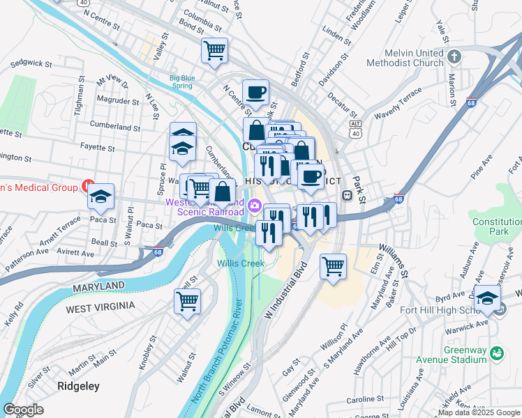 map of restaurants, bars, coffee shops, grocery stores, and more near Canal Street in Cumberland