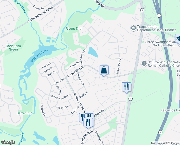 map of restaurants, bars, coffee shops, grocery stores, and more near 37 Boxelder Lane in Bear