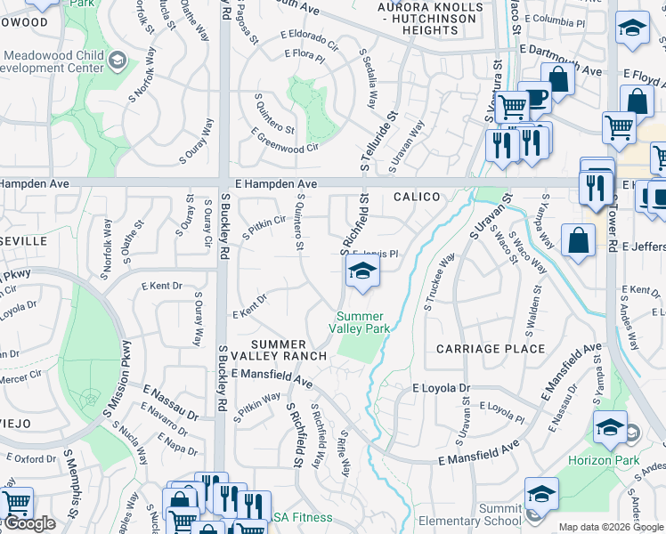 map of restaurants, bars, coffee shops, grocery stores, and more near 17294 East Kenyon Drive in Aurora
